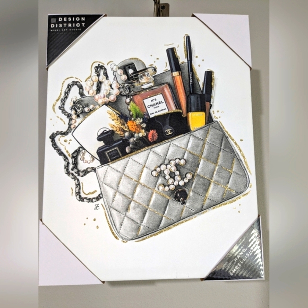 Canvas Chanel Bag Perfume Makeup Pearls Hand Embellished Gold Sparkle Highlights